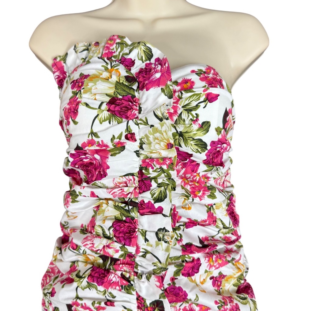 Mable Pink Floral Strapless Ruched Ruffle Mini Dress Size M - Picture 5 of 17